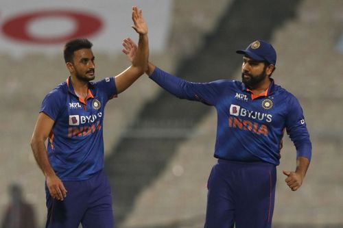 Harshal Patel (L) alongside Rohit Sharma. (PC: BCCI).