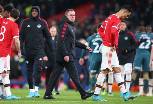 Manchester United interim manager Ralf Rangnick (second right)