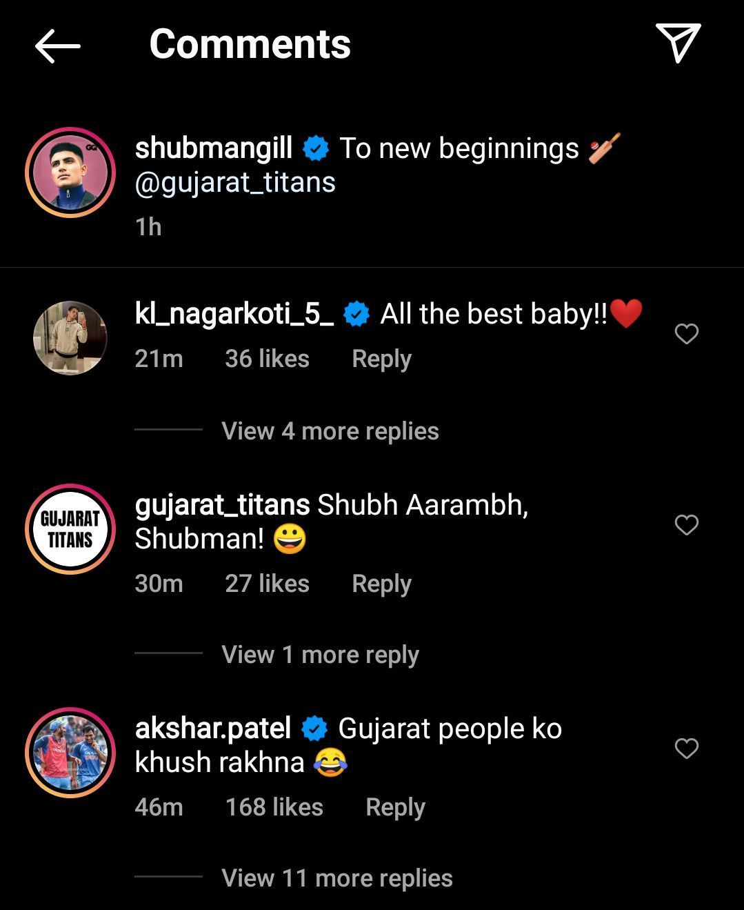 Kamlesh Nagarkoti, Gujarat Titans and Axar Patel left a comment under Gill's latest Instagram post.