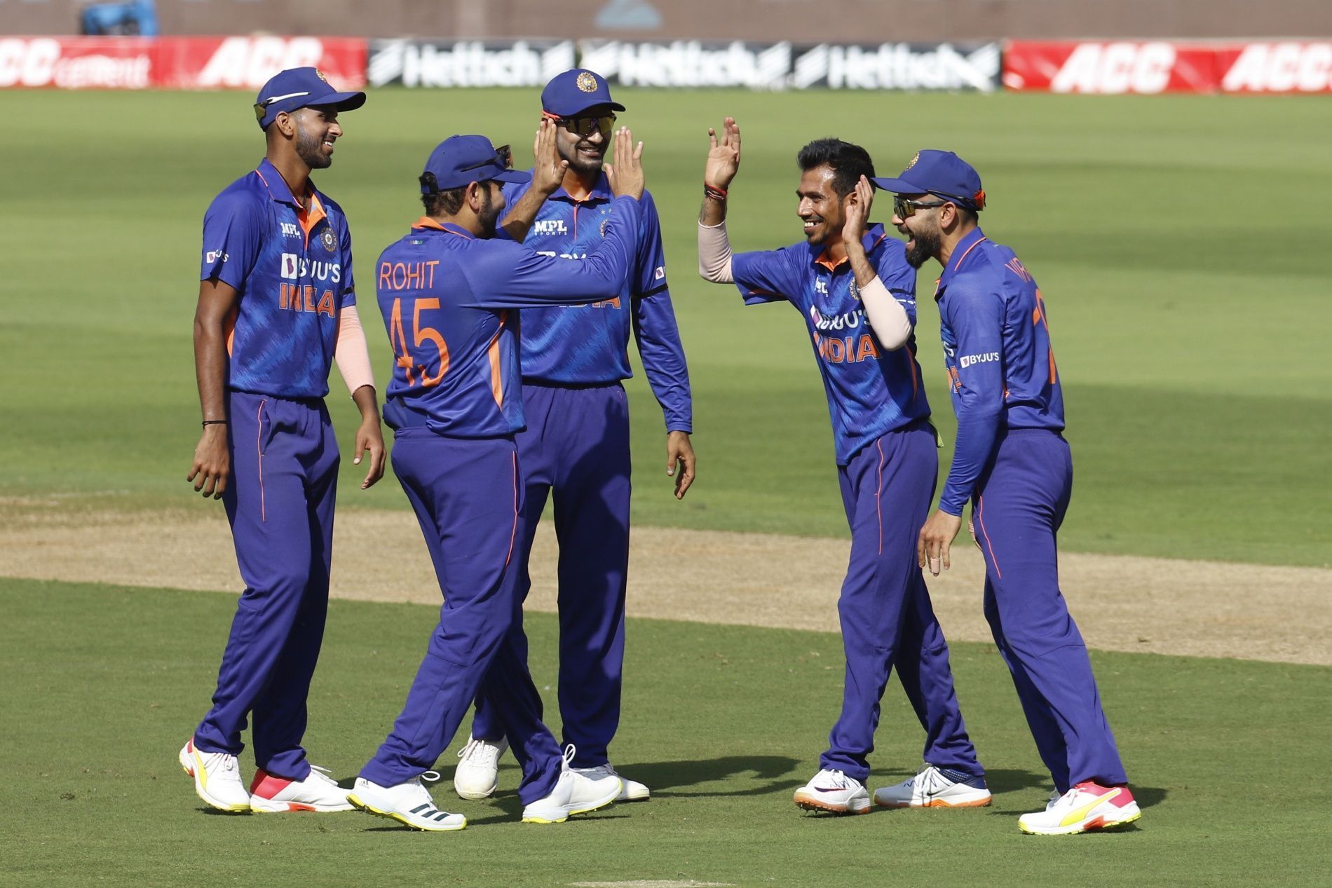 Team India celebrate a wicket. Pic: ICC