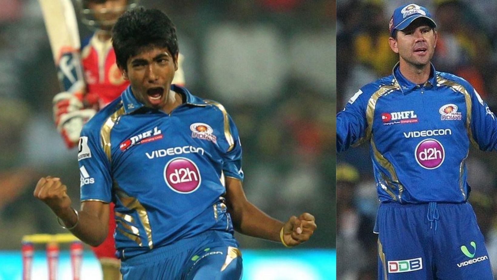 Jasprit Bumrah (L) celebrates Virat Kohli&#039;s wicket on his IPL debut.