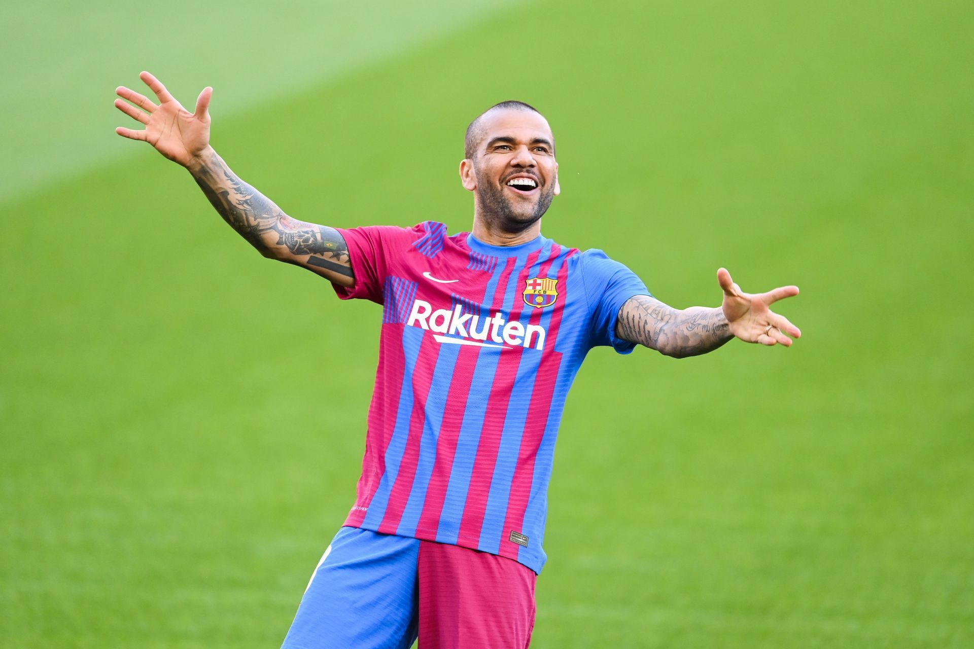 FC Barcelona defender Dani Alves celebrates after scoring for the club.