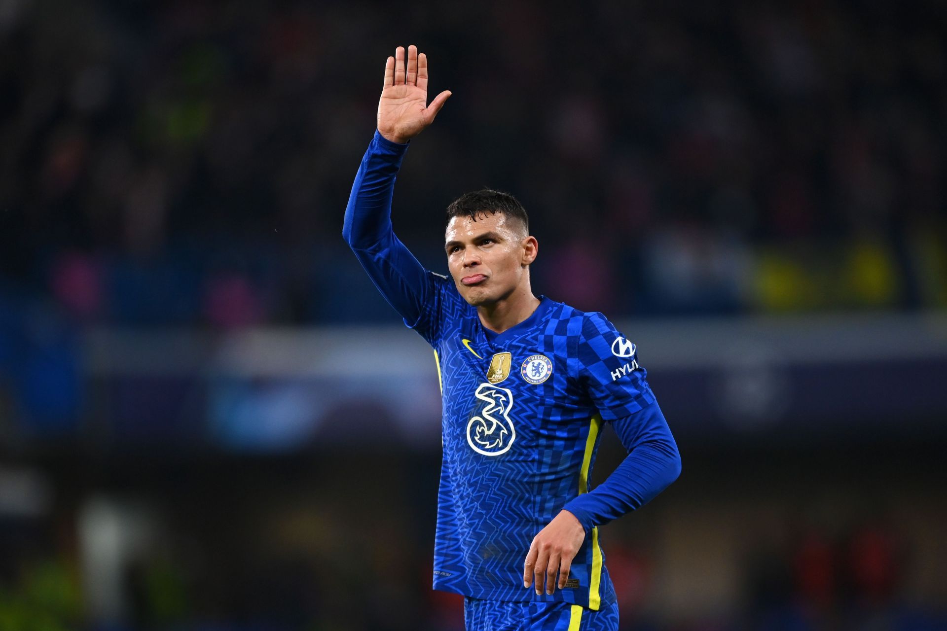 Thiago Silva waves at the fans after UEFA Champions League game