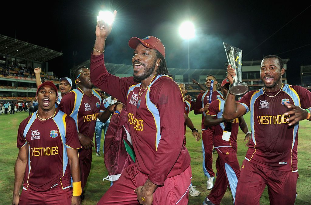 West Indies players celebrating following their 2012 T20 World Cup triumph