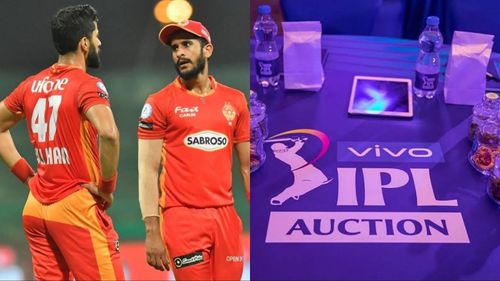 Ali Khan with Hasan Ali during PSL 2021 (L); IPL 2022 Auction