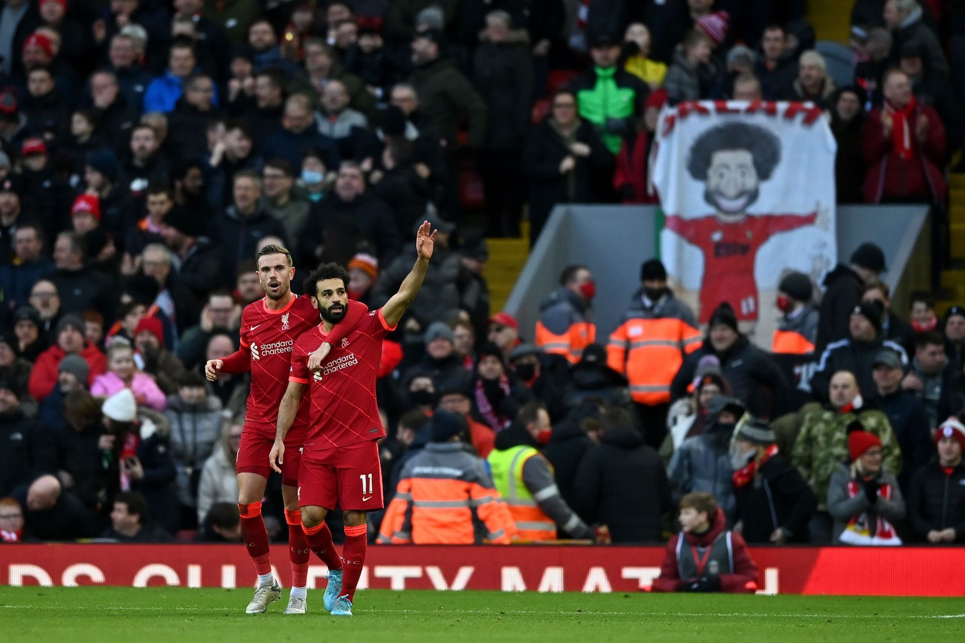 Mo Salah celebrates his goal vs Norwich. His 150th for Liverpool.