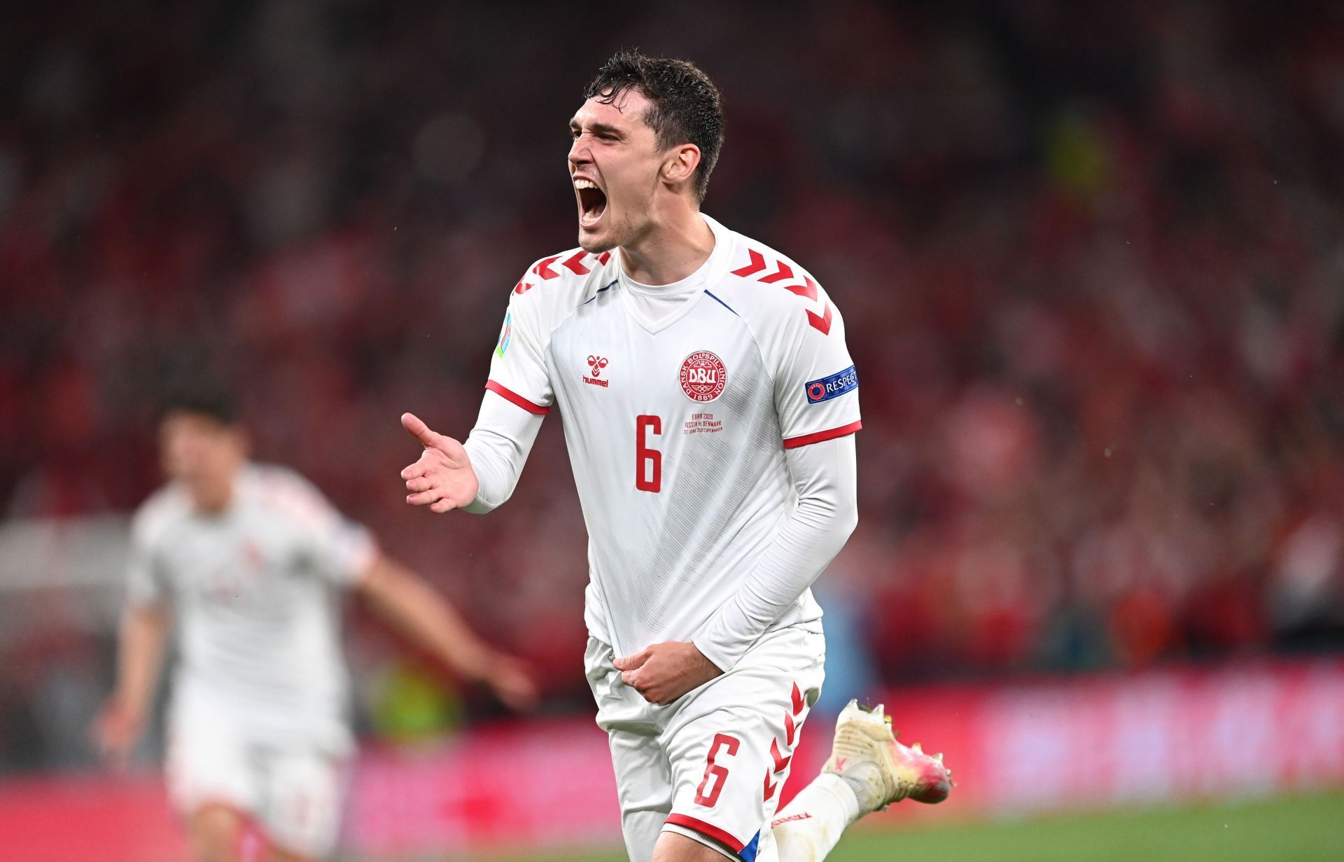 Andreas Christensen celebrates a goal for Denmark at Euro 2020.