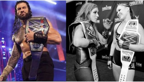 Universal Champion Roman Reigns, RAW Women's Champion Becky Lynch, and Ronda Rousey.