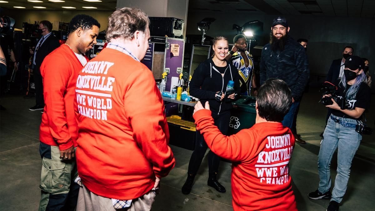 Ronda Rousey backstage with Johnny Knoxville's crew