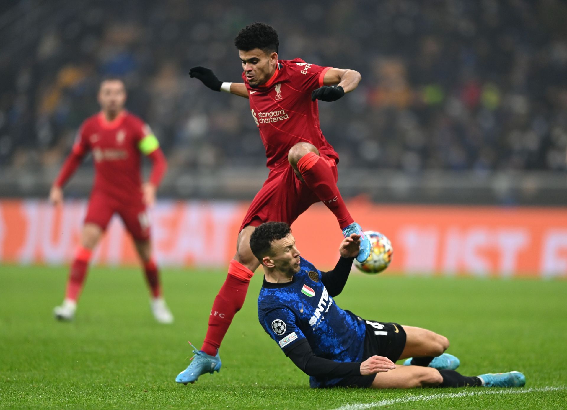 Liverpool&#039;s Luis Diaz (in red) is tackled by Inter Milan&#039;s Ivan Persisic