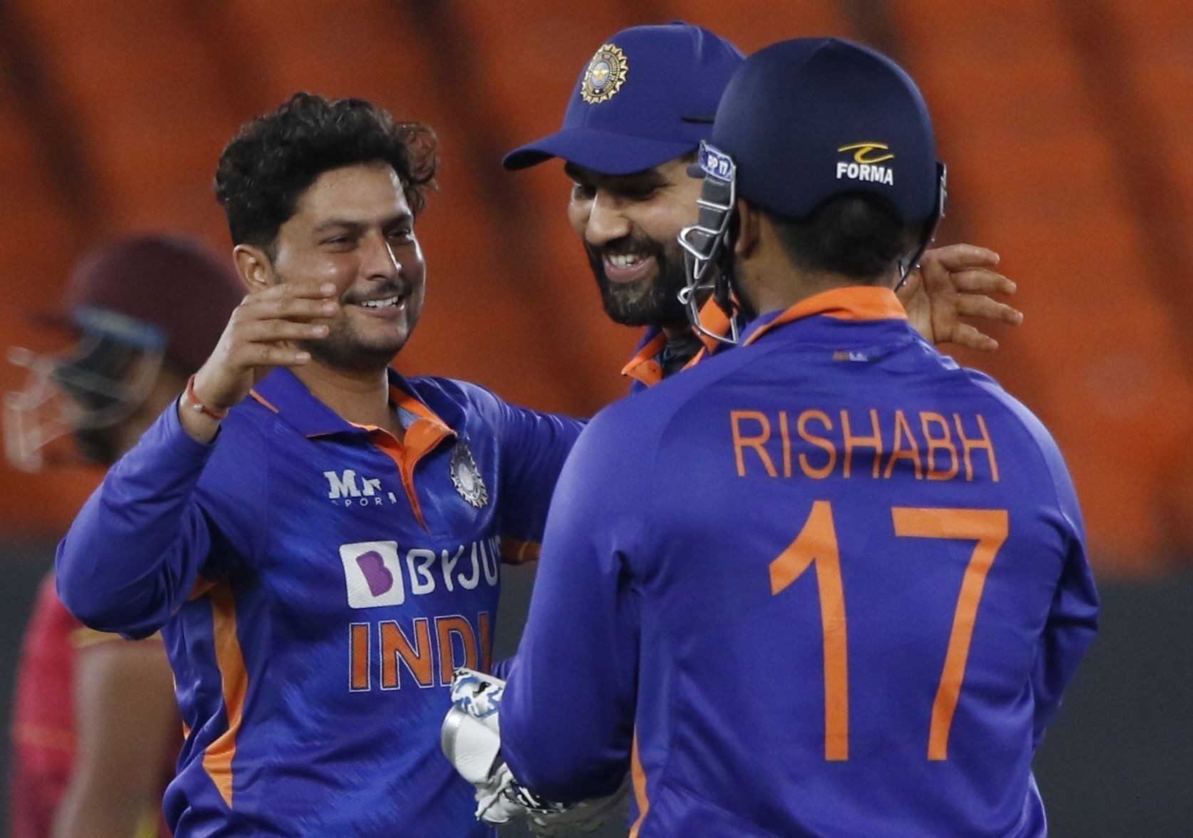 Kuldeep Yadav (left) celebrates a wicket. Pic: ICC