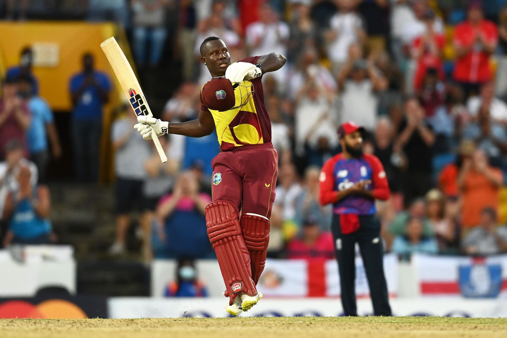 Rovman Powell of West Indies celebrates his hundred against England. Pic: Getty Images