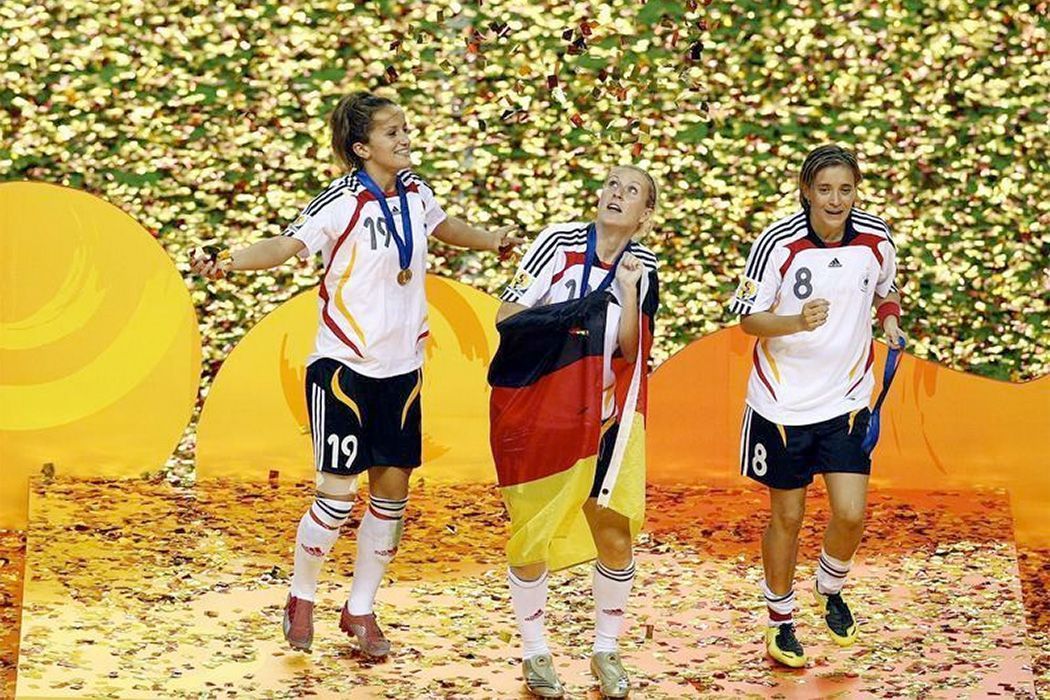 German players celebrating the 2007 FIFA Women&#039;s World Cup victory after beating Brazil in the final