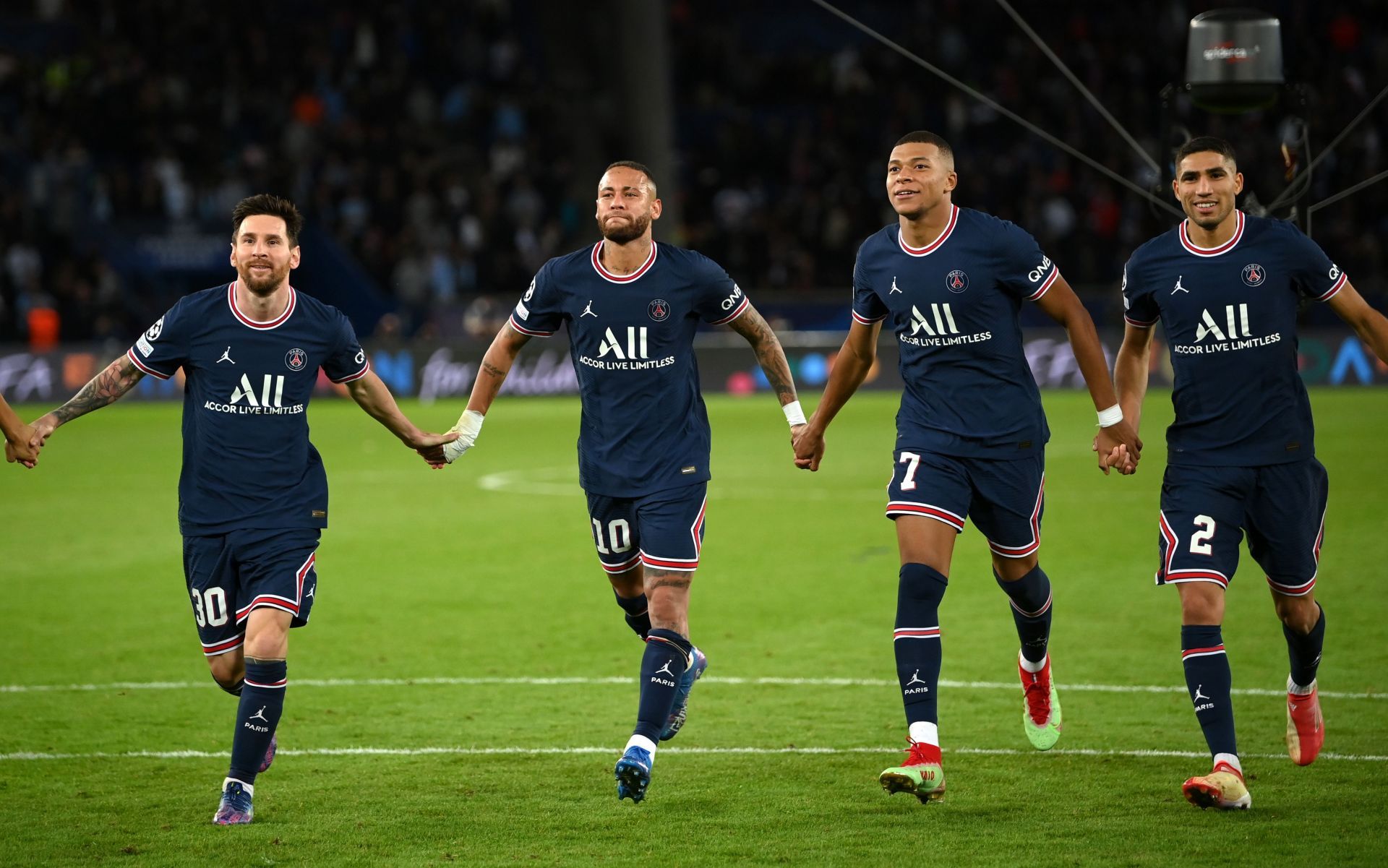 Lionel Messi, Neymar Jr. Kylian Mbappe and Achraf Hakimi of PSG