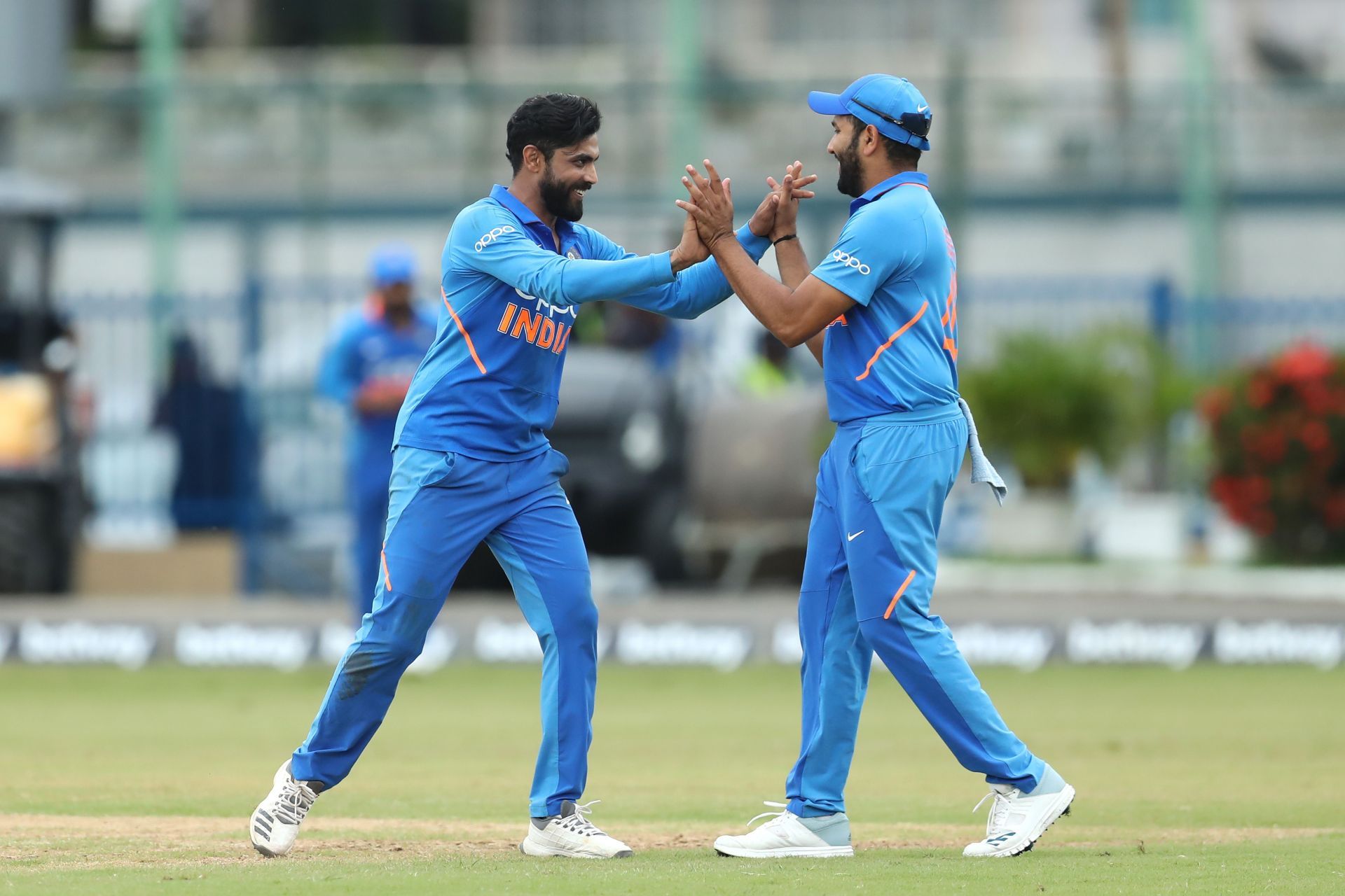 Ravindra Jadeja (left) celebrates wicket. Pic: Getty Images