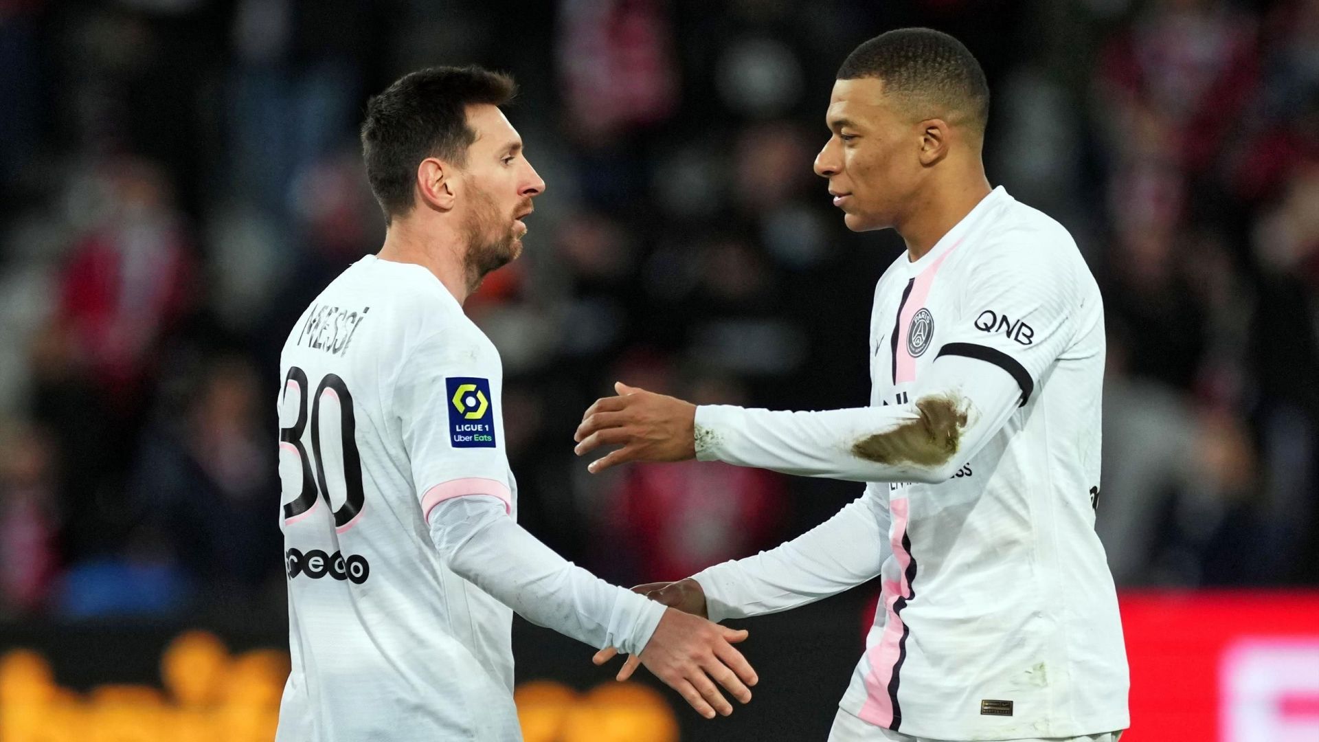 Lionel Messi and Kylian Mbappe of PSG