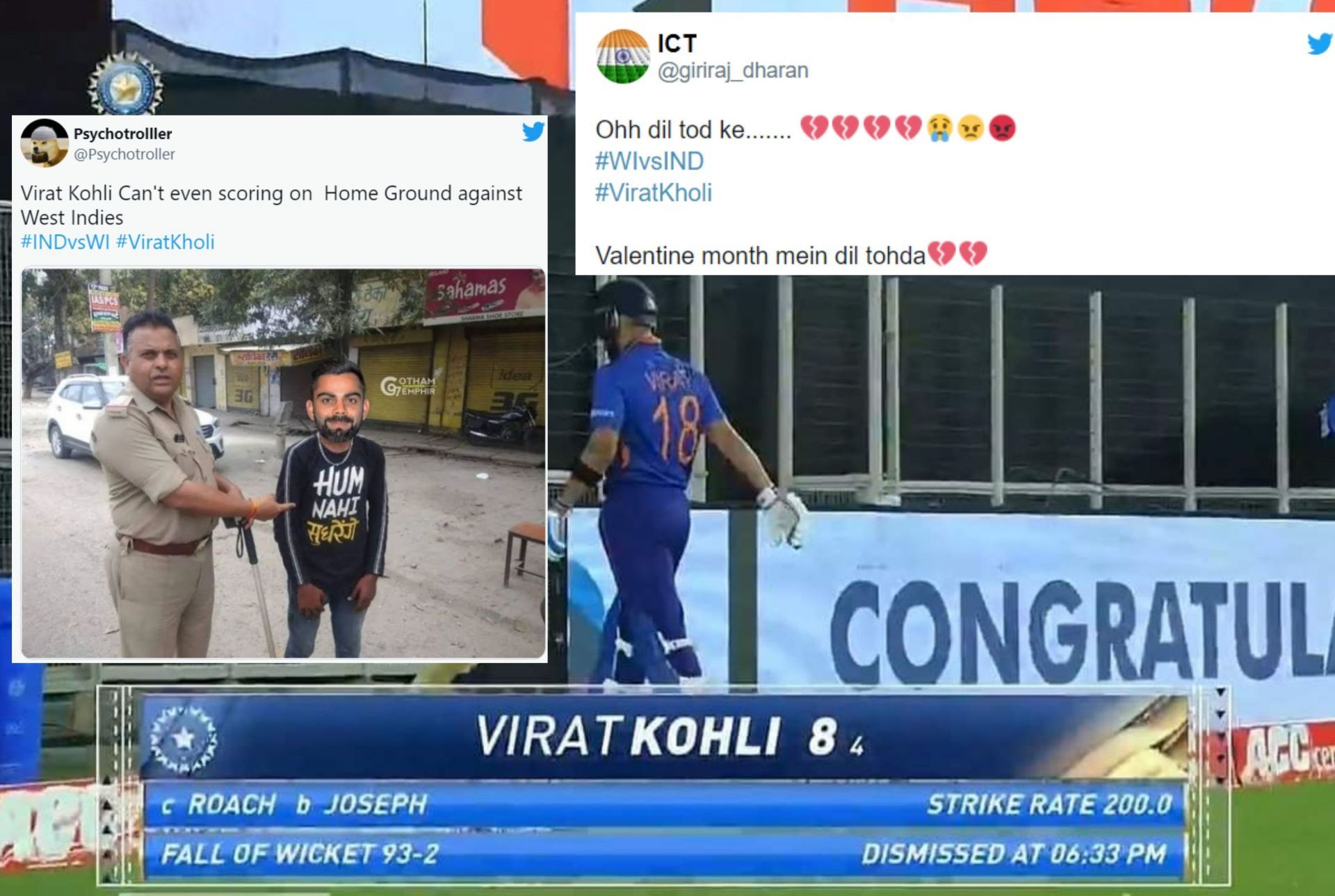 Fans are disappointed as Virat Kohli departs after a hasty 8-run knock against West Indies