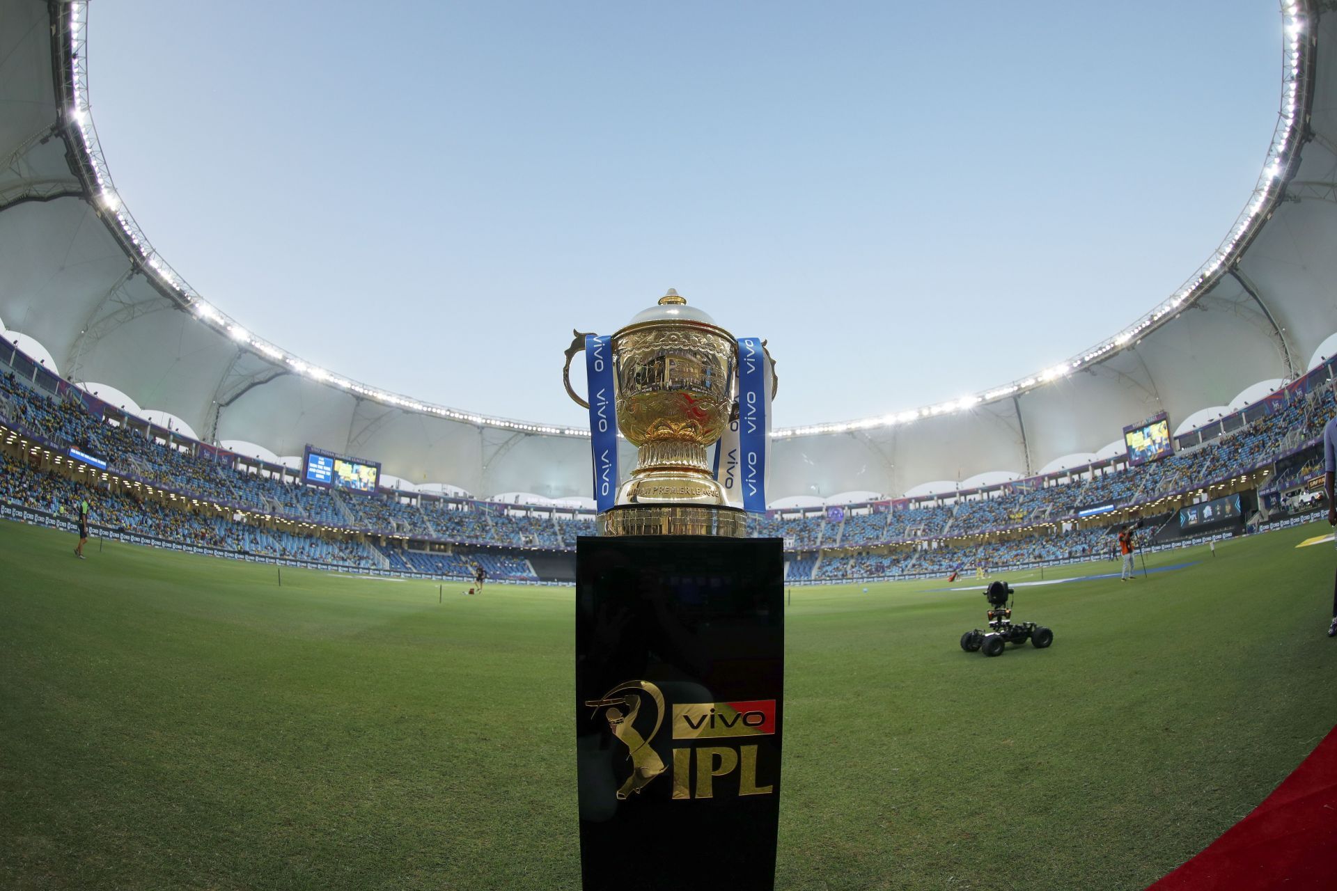 The trophy displayed during the 2021 IPL final.