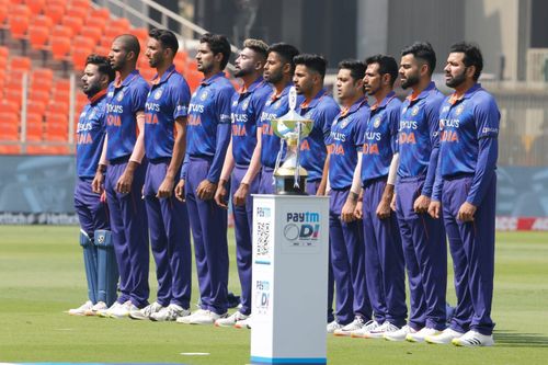 The Indian team wore black armbands in the first ODI in memory of legendary singer Lata Mangeshkar who passed away yesterday [Credits: BCCI]