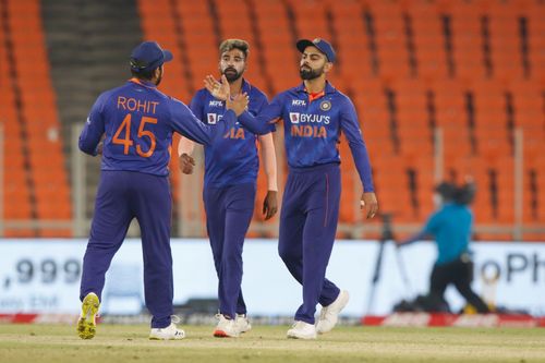 (LtoR) Rohit Sharma, Mohammed Siraj and Virat Kohli. Pic: BCCI