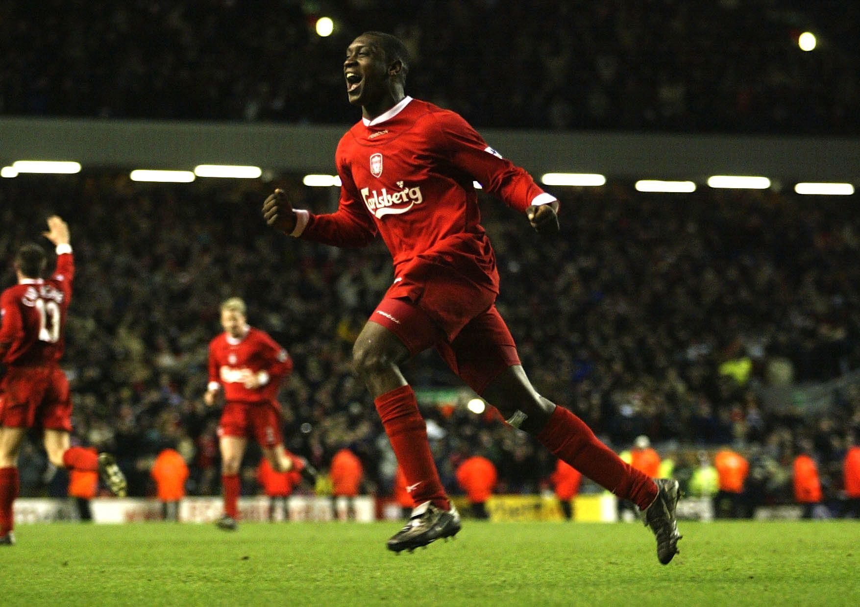 Emile Heskey of Liverpool celebrates after scoring the equalising