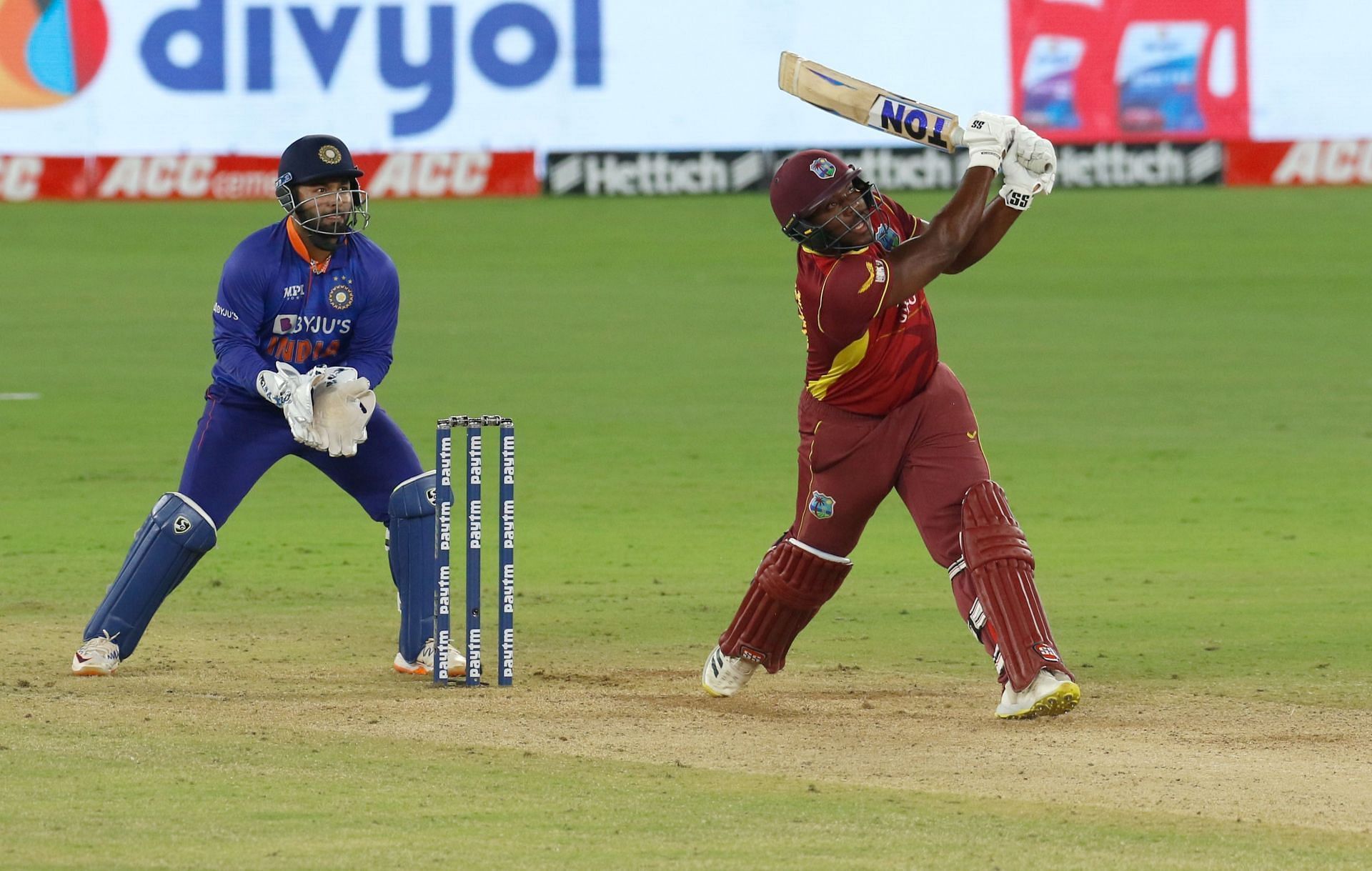 West Indies all-rounder Odean Smith batting against India. Pic: BCCI