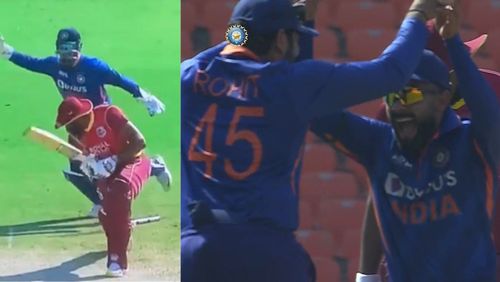 Yuzvendra Chahal's dismissal of Kieron Pollard (L) and Virat Kohli's celebration (R).