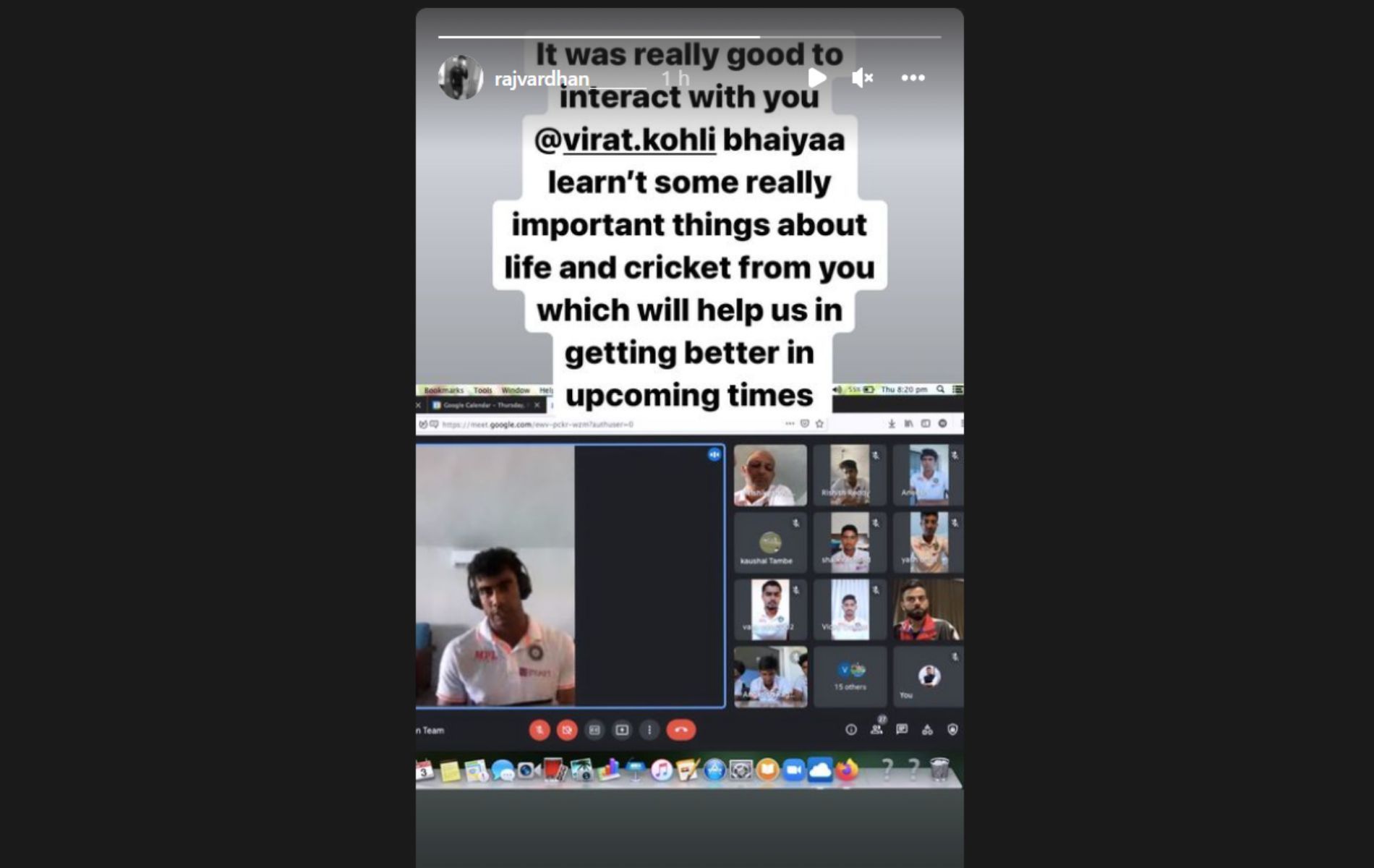 Rajvardhan Hangargekar shared a screenshot of an interaction with Virat Kohli on his Instagram story.