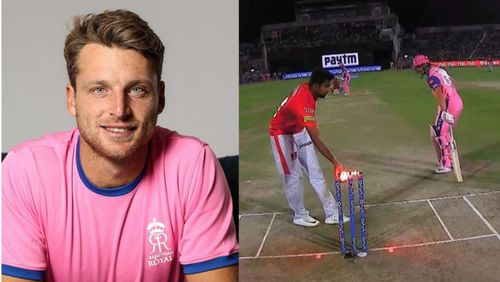 Jos Buttler tells Ravichandran Ashwin he's 'inside the crease'.