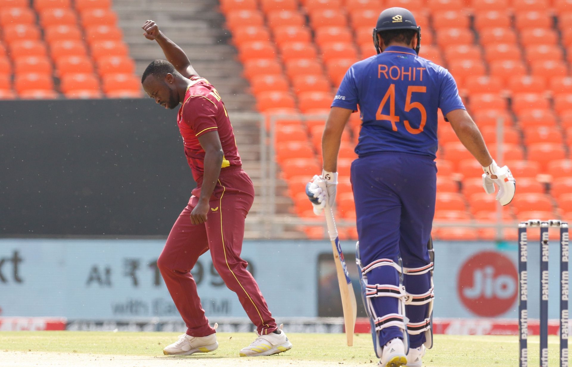 Kemar Roach sent Sharma back to the pavilion in the powerplay overs (Image Courtesy: BCCI)