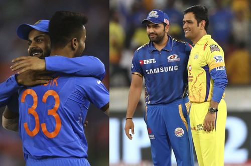 (Left) Hardik Pandya and Virat Kohli; (Right) Rohit Sharma and MS Dhoni. Pics: Getty Images