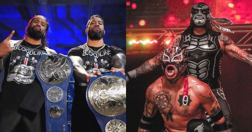 Jimmy and Jey Uso (L) Penta El Zero Miedo and Rey Fenix (R).