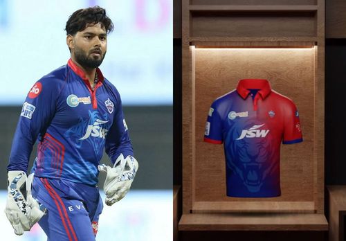 Rishabh Pant(l) and Delhi Capitals' latest jersey(r)