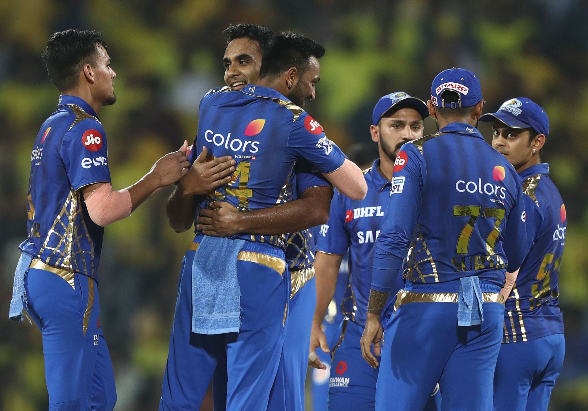 Mumbai Indians celebrate a wicket. Pic:Getty Images