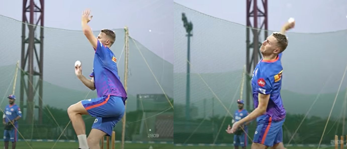 Riley Meredith bowling in MI nets. Pic: MI/ YouTube