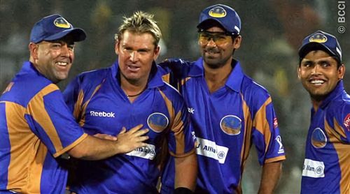 Mohammad Kaif, Darren Lehmann and Kamran Aklmal celebrate one of Shane Warne's wickets in IPL 2008 [Credits: BCCI]