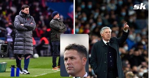 [L-to-R] PSG boss Mauricio Pochettino; Los Blancos manager Carlo Ancelotti; [inset] Michael Owen.