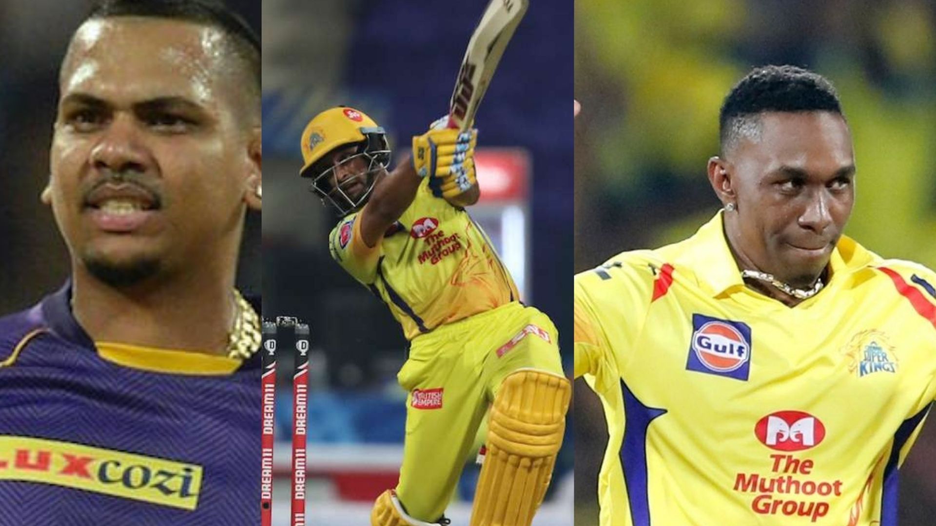 Sunil Narine (L), Ambati Rayudu and Dwayne Bravo (R)