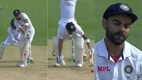 Kohli couldn't believe his luck as he was trapped in front in the pink ball Test due to low bounce. (P.C.: bCCI)