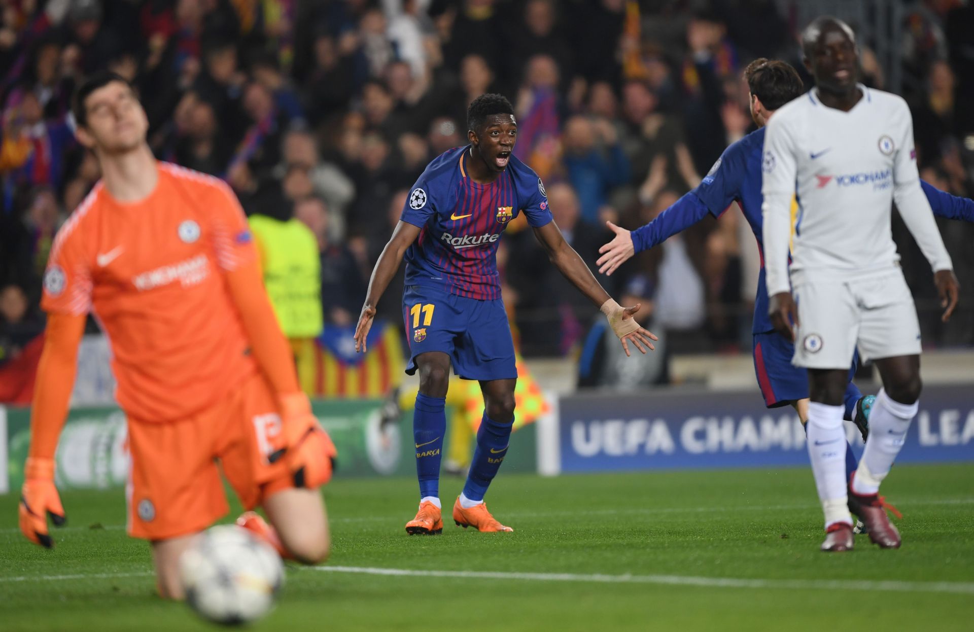 Barcelona's Ousmane Dembele (centre, #11) celebrates a goal against the Blues.