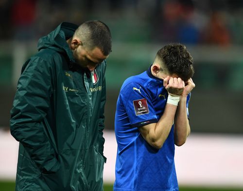 Jorginho (right) is crestfallen after Italy were shocked by North Macedonia in a gargantuan upset.