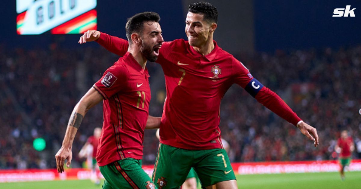 Cristiano Ronaldo and Bruno Fernandes celebrate Portugal&#039;s first goal against North Macedonia