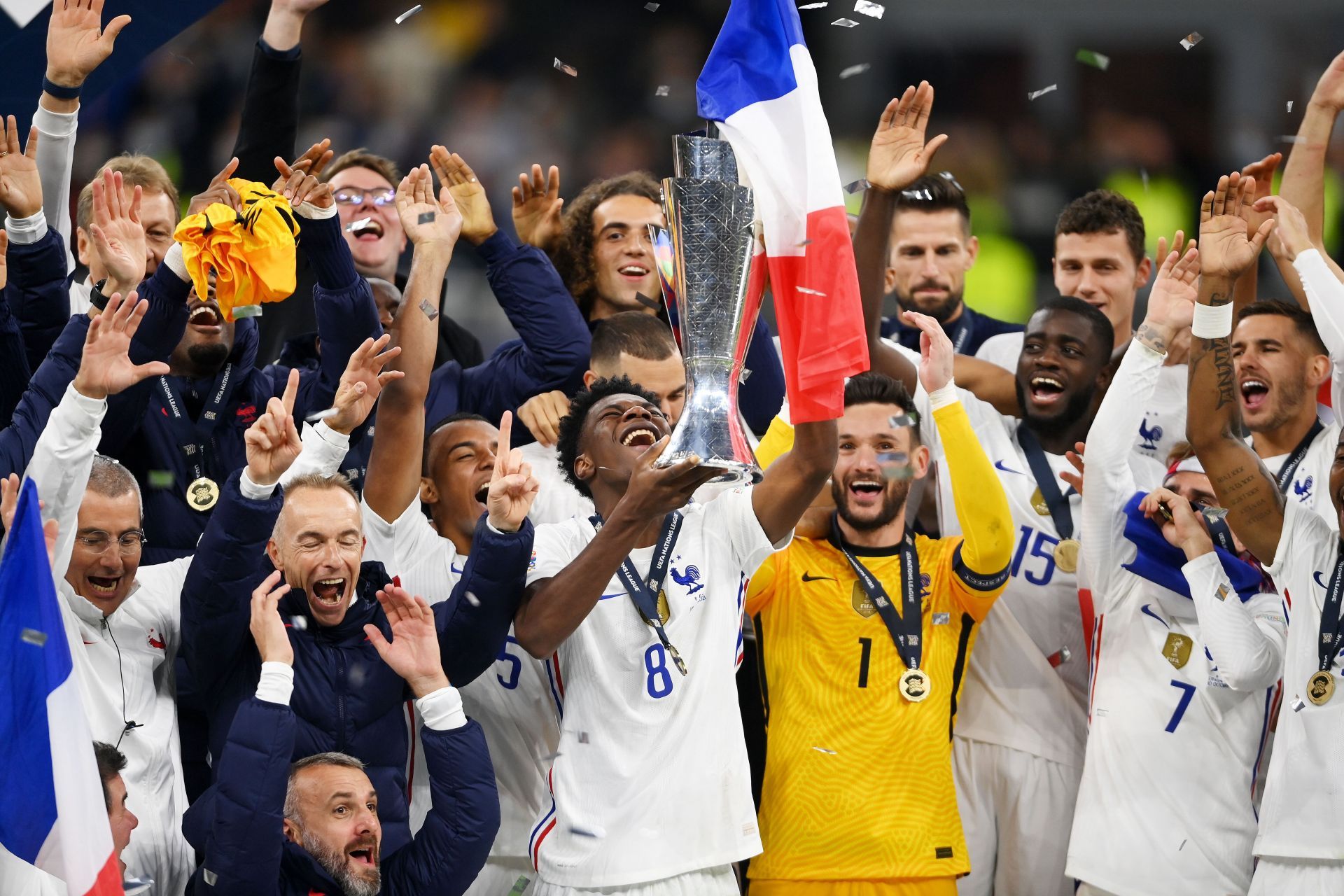 Tchouameni (centre) won the UEFA Nations League with France