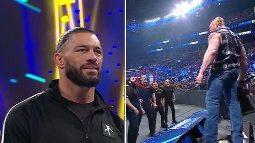 Roman Reigns watches as Lesnar confronts WWE's security personnel.