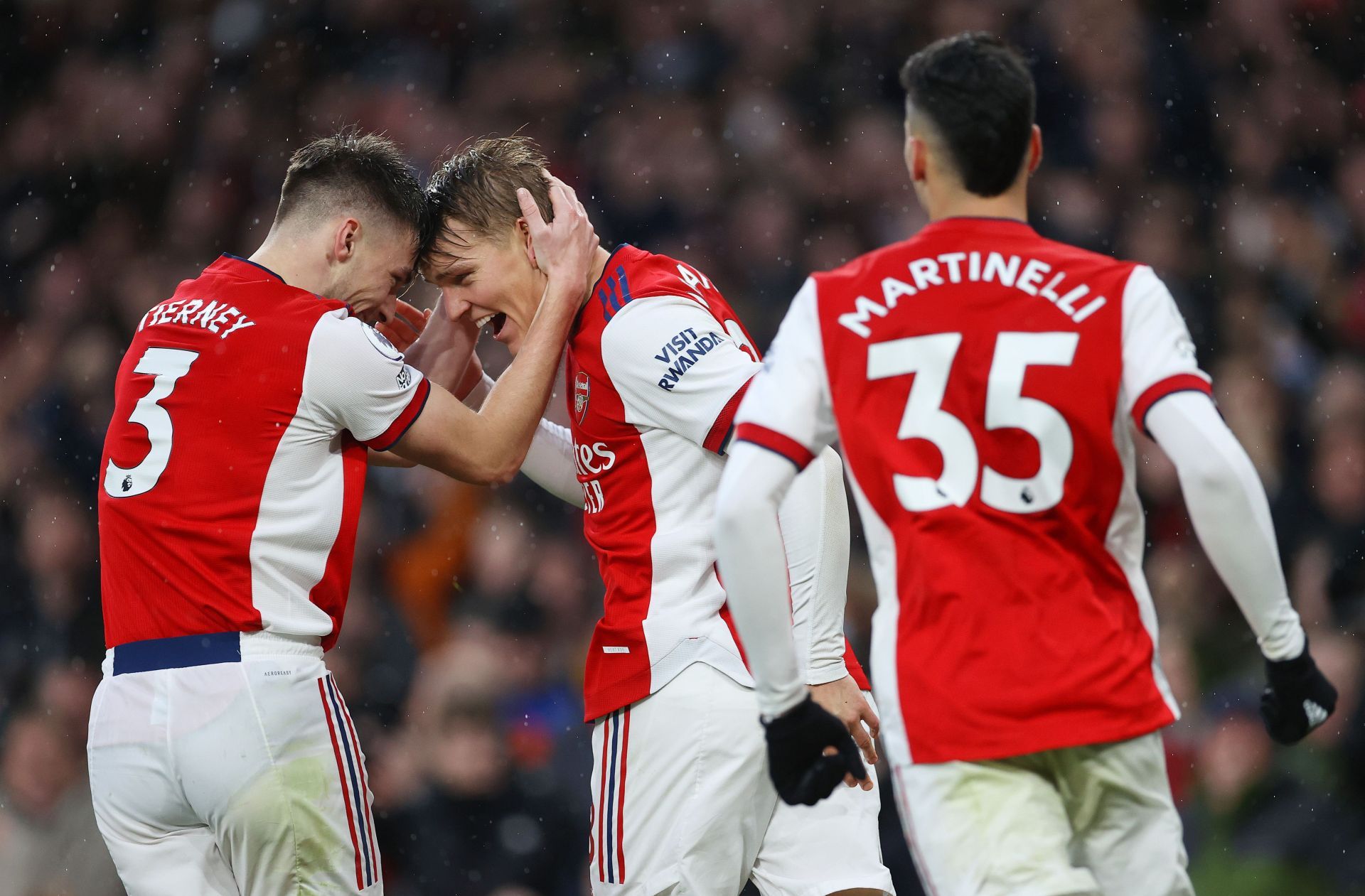 Kieran Tierney (L), Martin Odegaard (C) and Gabriel Martinelli (R).