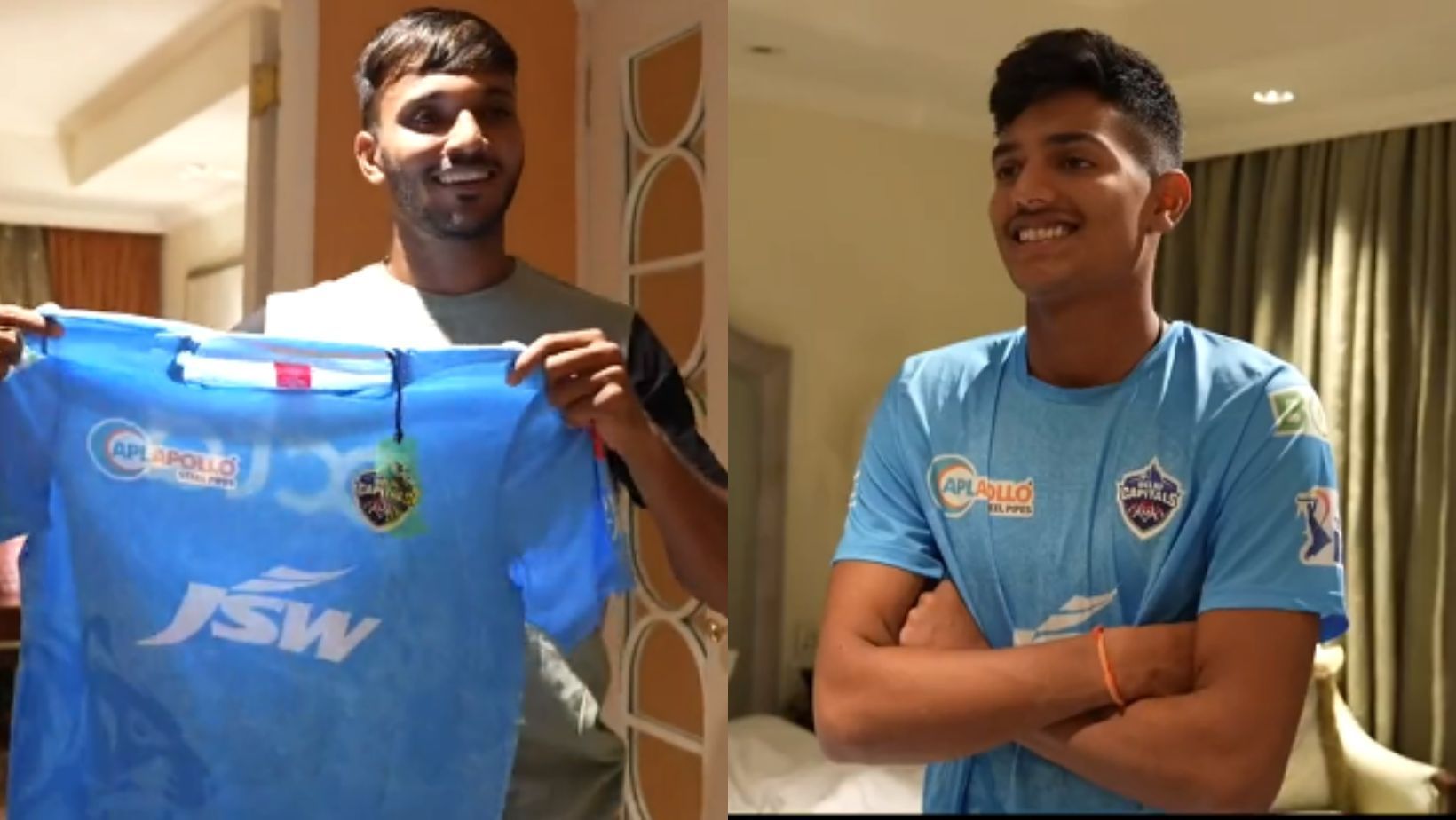 Chetan Sakariya (L) and Yash Dhull with their new Delhi Capitals kits.