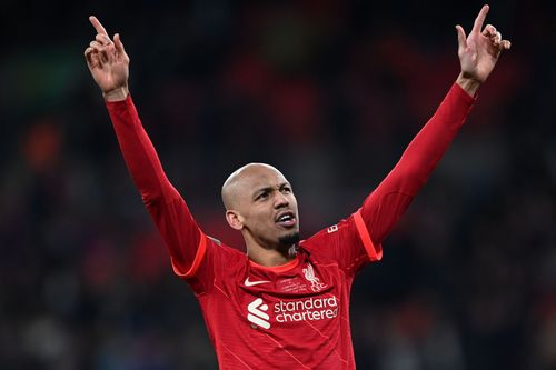 Fabinho celebrates during the Carabao Cup final.