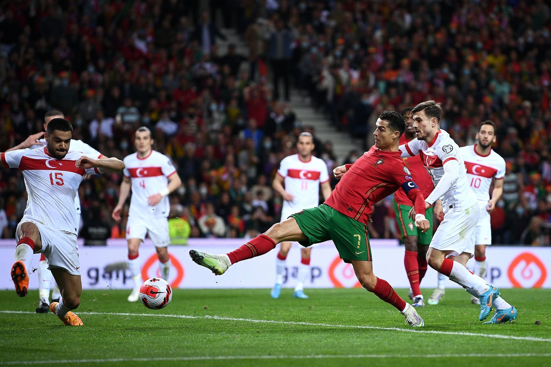 Cristiano Ronaldo tries to latch onto the ball.