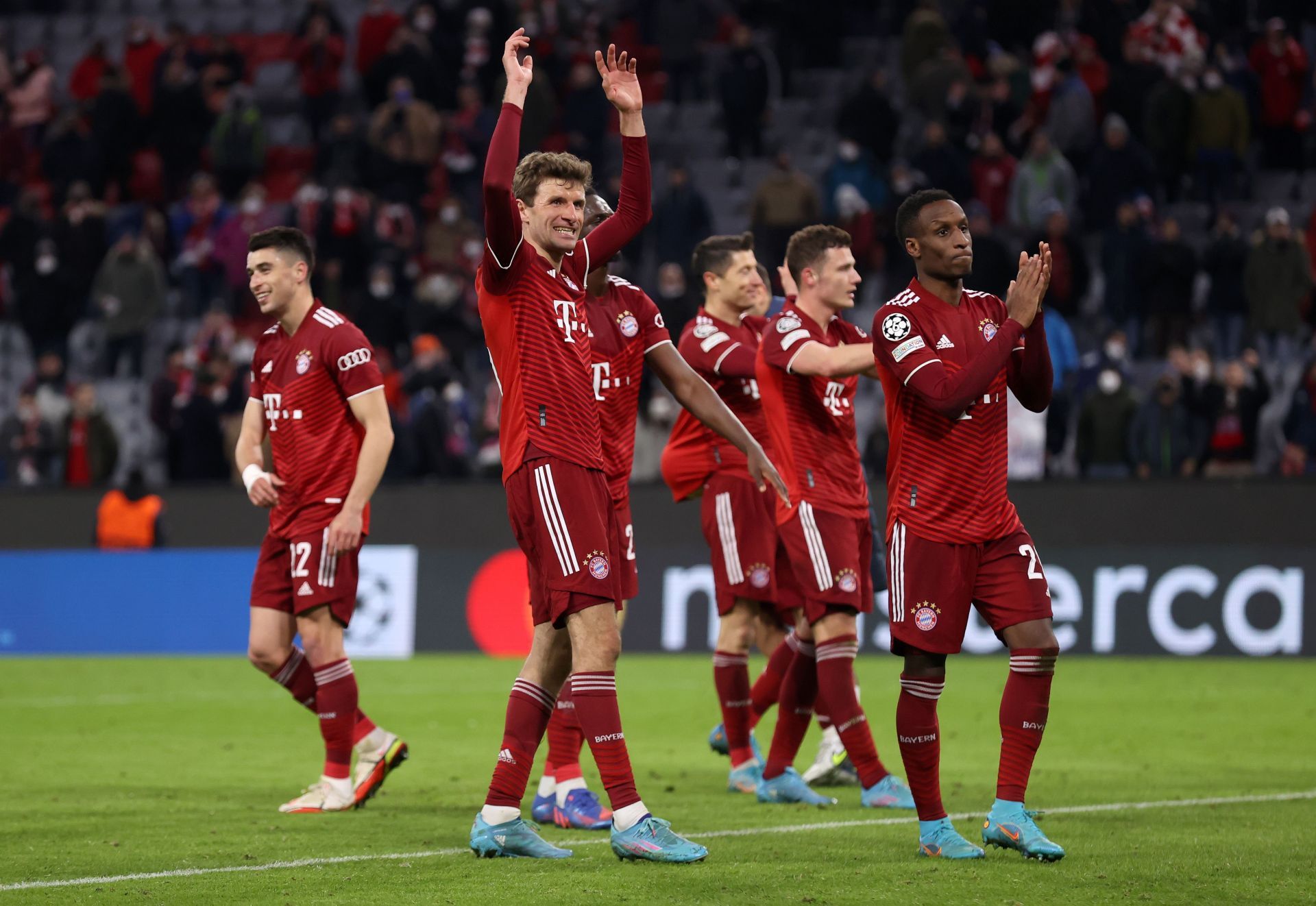 Bayern Munich celebrate a UEFA Champions League game win.