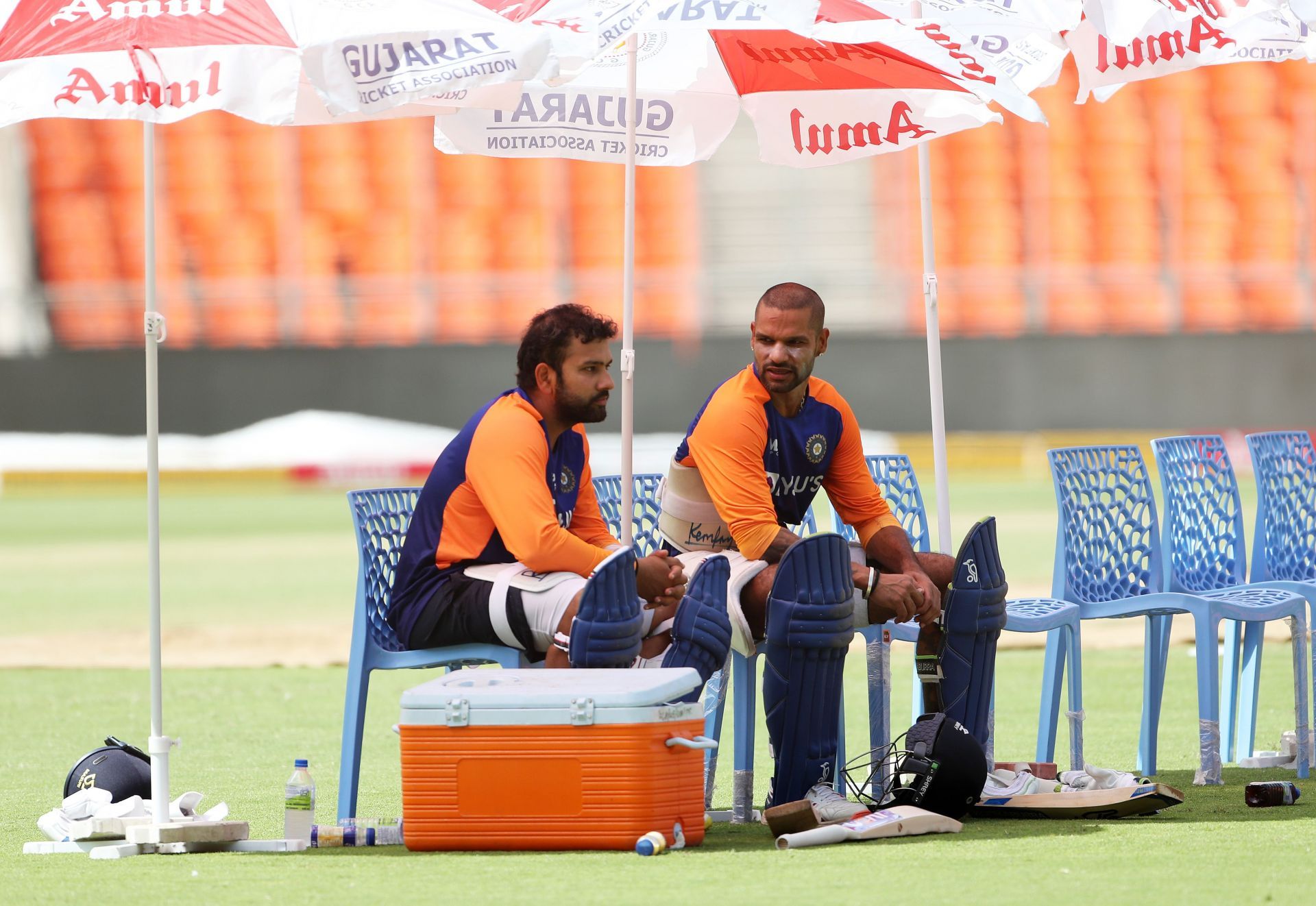 Rohit Sharma (left) and Shikhar Dhawan during a net session. Pic: Getty Images